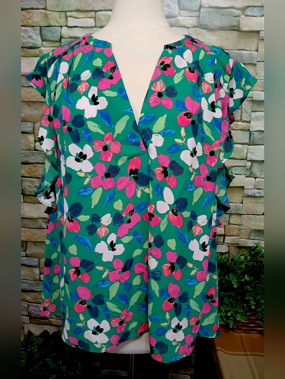 Zac & Rachel 2X Floral Flutter Sleeve Blouse Tropical Beach Vibes